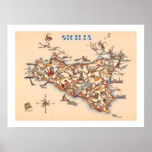 Affiche Carte ancienne de la Sicile imprimée