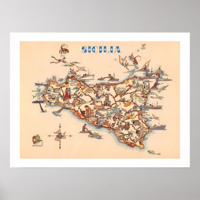 Affiche Carte ancienne de la Sicile imprimée (Devant)