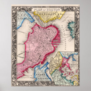 Affiche Carte ancienne de la ville de Boston 1860