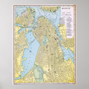 Affiche Carte ancienne de la ville de Boston 1888
