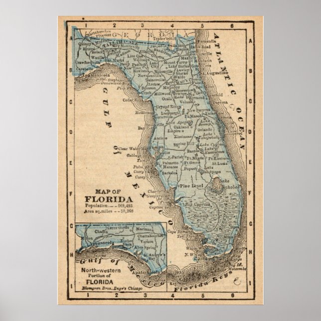 Affiche Carte ancienne de l'État de Floride (Devant)