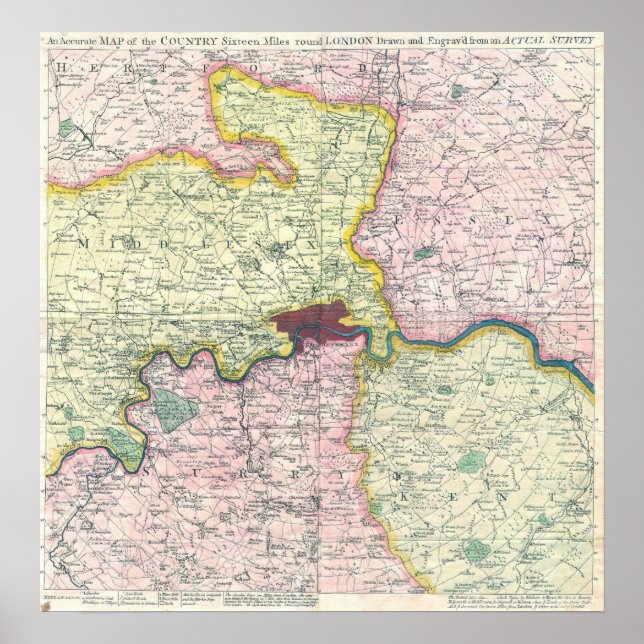 Affiche Carte ancienne de Londres et ses environs, 1764 (Devant)