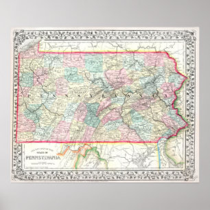 Affiche Carte ancienne de Pennsylvanie, 1867