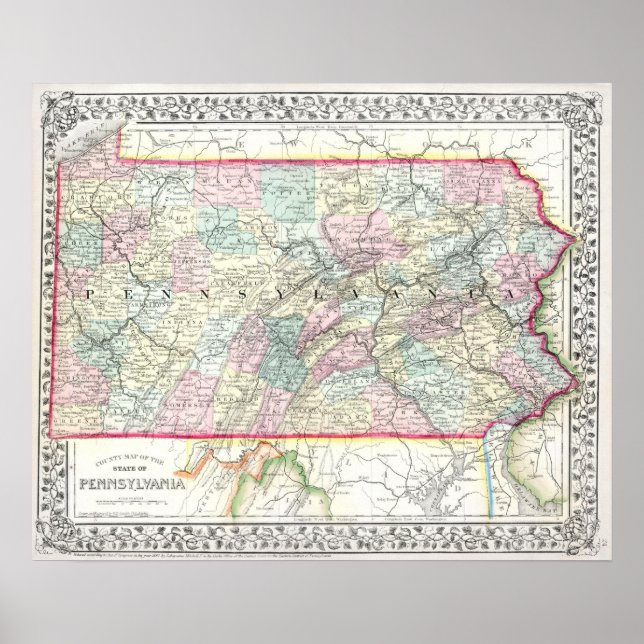 Affiche Carte ancienne de Pennsylvanie, 1867 (Devant)