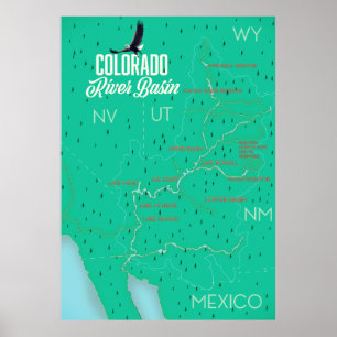 Affiche carte ancienne du bassin du fleuve Colorado