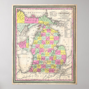 Affiche Carte ancienne du Michigan, 1853