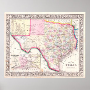 Affiche Carte ancienne du Texas, 1864