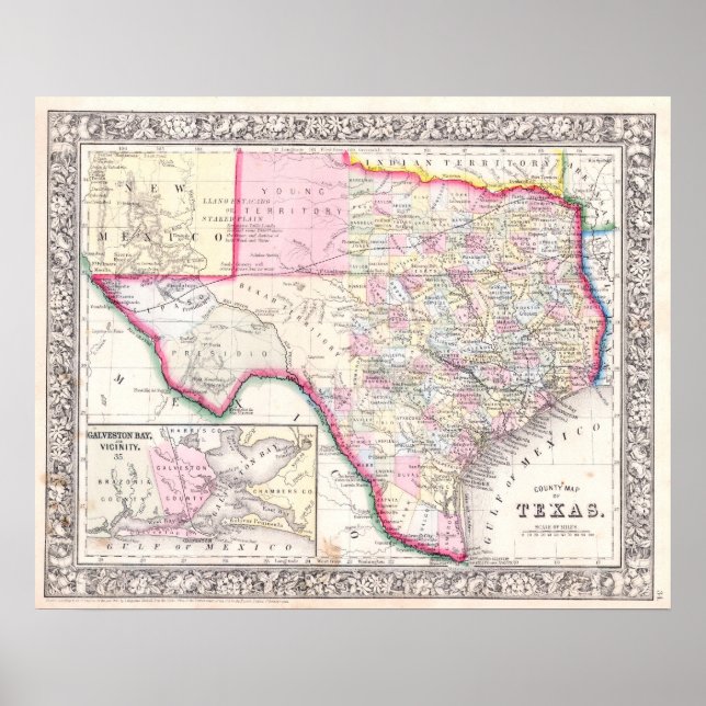 Affiche Carte ancienne du Texas, 1864 (Devant)