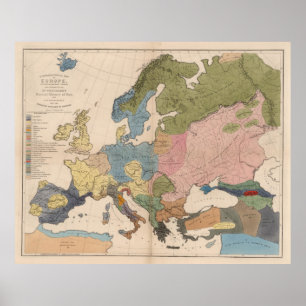 Affiche Carte anthropologique vintage de l'Europe (1861)