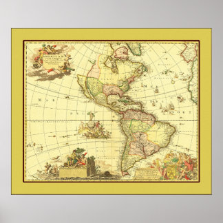 Affiche Carte antique de l'hémisphère occidental ~ 1700's
