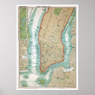 Affiche Carte antique de Lower Manhattan et de Central