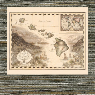 Affiche Carte antique des îles Sandwich, Hawaii 1700