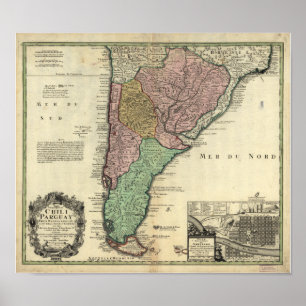 Affiche Carte antique du Chili et du Paraguay 1733