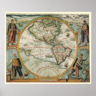 Affiche Carte antique du monde des Amériques, 1597