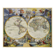 Carte antique du monde en deux hémisphères 1683