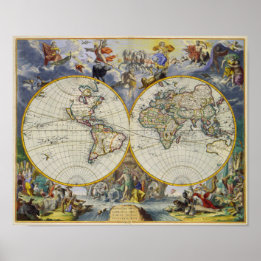 Affiche Carte antique du monde en deux hémisphères 1683