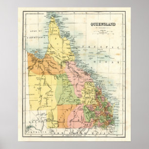 Affiche Carte antique du Queensland Australie
