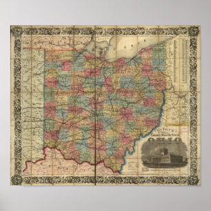 Affiche Carte antique du rail 1854 de l'Ohio