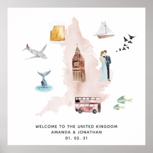 Affiche Carte aquarelle du Royaume-Uni Destination Mariage