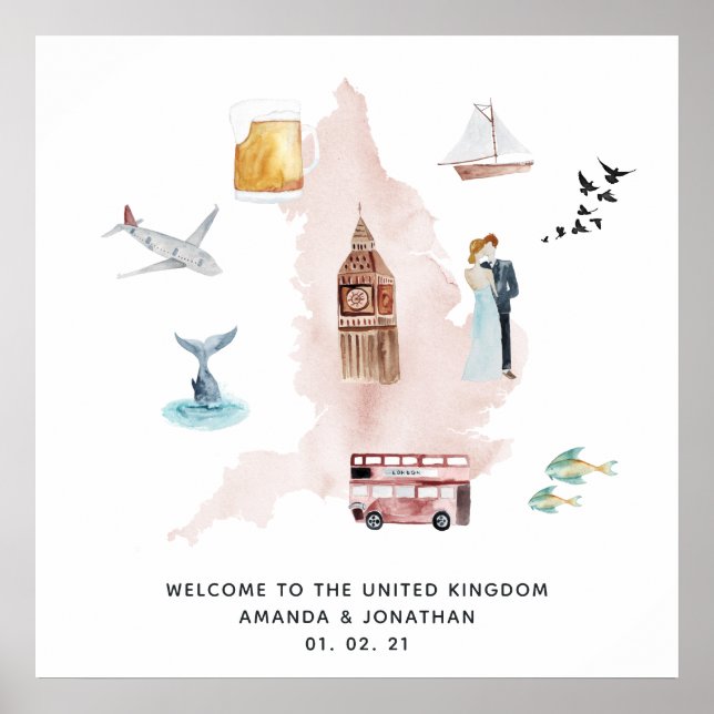 Affiche Carte aquarelle du Royaume-Uni pour le mariage de  (Devant)