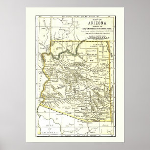 Affiche Carte Arizona 1891 Villes, Rail et Réservations