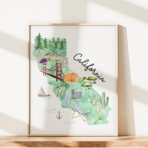 Affiche Carte artistique de l'État de Californie à l'aquar