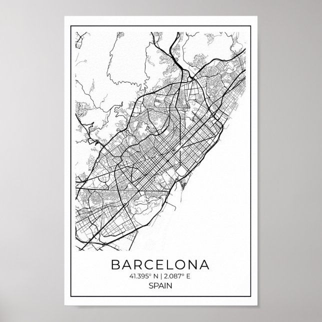 Affiche Carte BARCELONA - Carte Noir Et Blanc (Devant)