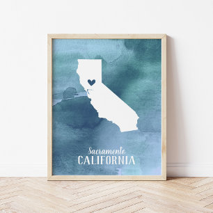 Affiche Carte Californie Aquarelle bleue Art personnalisé