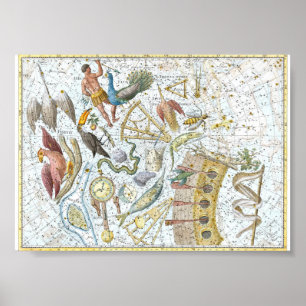 Affiche Carte céleste des constellations du ciel sud vinta