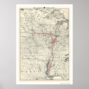 Affiche Carte centrale 1892 de chemin de fer de l'Illinois
