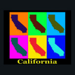 Affiche Carte Colorée California State Pop Art<br><div class="desc">Les silhouettes colorées de la carte Pop Art de l'état de Californie.</div>
