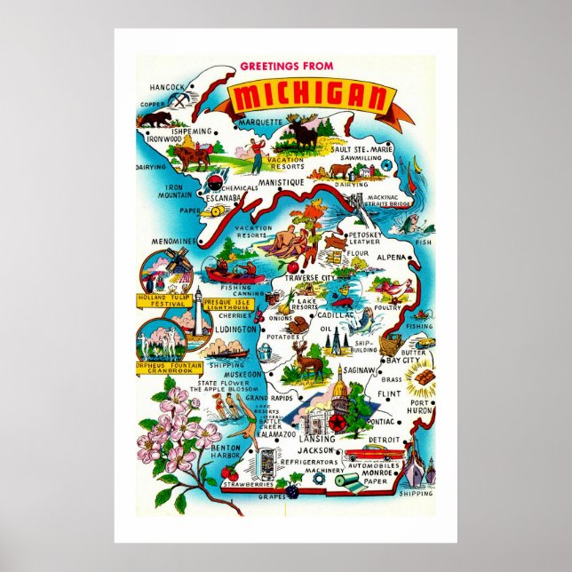 Affiche Carte colorée de Michigan imprimée (Devant)