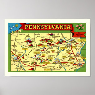 Affiche Carte colorée de Pennsylvanie Vintage Imprimer