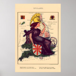 Affiche Carte Comique d'Angleterre Lithographie Vintage 18
