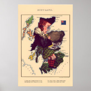 Affiche Carte Comique de l'Écosse Lithographie Vintage 186