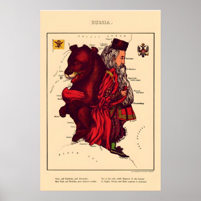 Affiche Carte Comique de Russie Lithographie Vintage860s - (Devant)