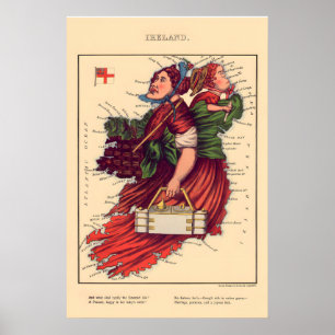 Affiche Carte Comique d'Irlande Lithographie Vintage 860s