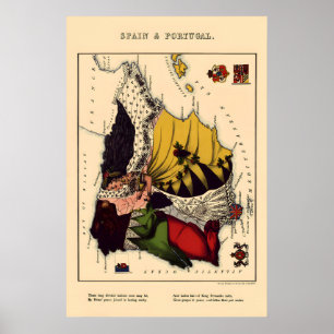 Affiche Carte comique vintage de l'Espagne et du Portugal