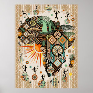 Affiche Carte d'Afrique Éléments Tribaux Décoratifs Motif