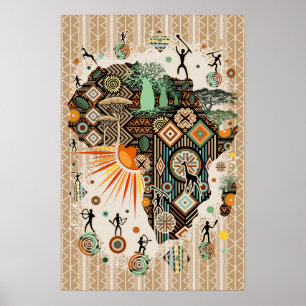 Affiche Carte d'Afrique Éléments Tribaux Décoratifs Motif
