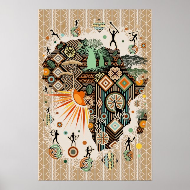Affiche Carte d'Afrique Éléments Tribaux Décoratifs Motif (Devant)