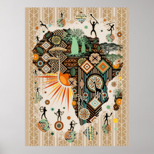 Affiche Carte d'Afrique Motif Éléments Tribaux Décoratifs