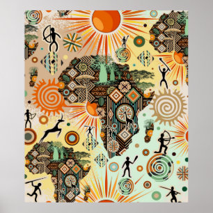 Affiche Carte d'Afrique Motif Éléments Tribaux Décoratifs