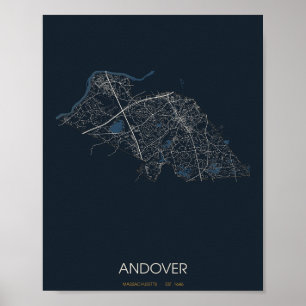 Affiche Carte d'Andover Massachusetts (de nuit)
