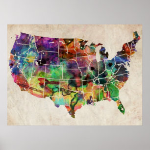 Affiche Carte d'aquarelle des Etats-Unis