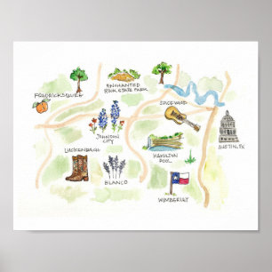 Affiche Carte d'aquarelle du pays Austin Texas Hill