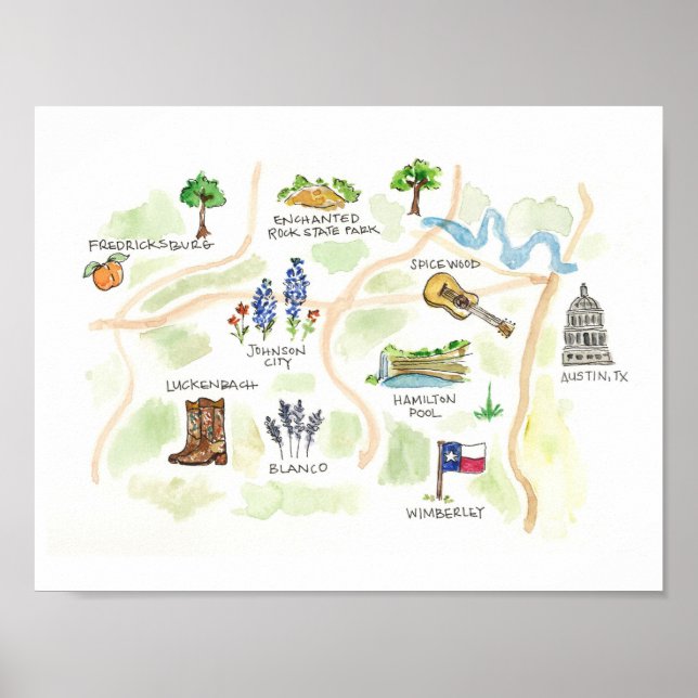 Affiche Carte d'aquarelle du pays Austin Texas Hill (Devant)