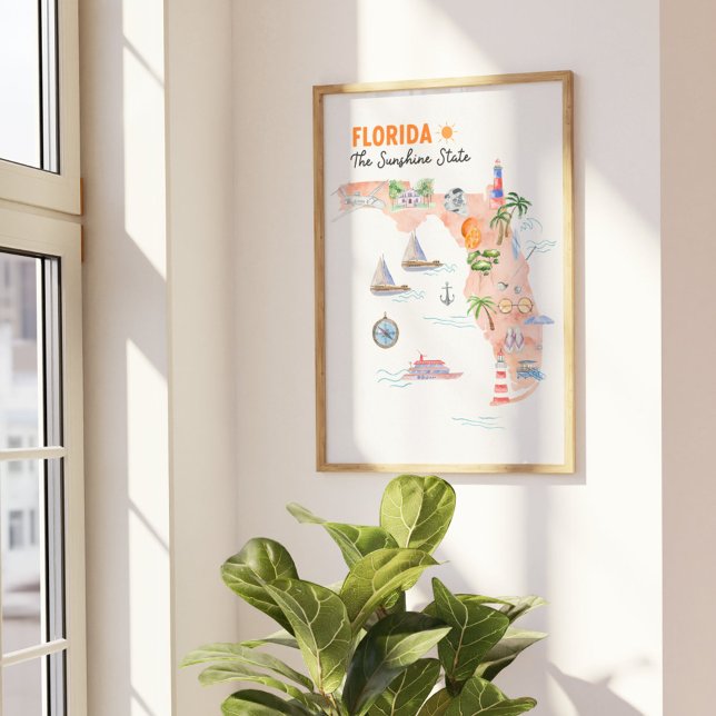 Affiche Carte d'art de l'état de Floride (In situ Beside the window)