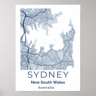 Affiche Carte d'art mural gris bleu Sydney