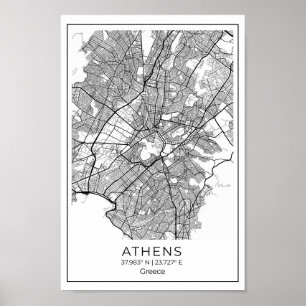 Affiche Carte d'Athènes - Athènes Carte noire et blanche
